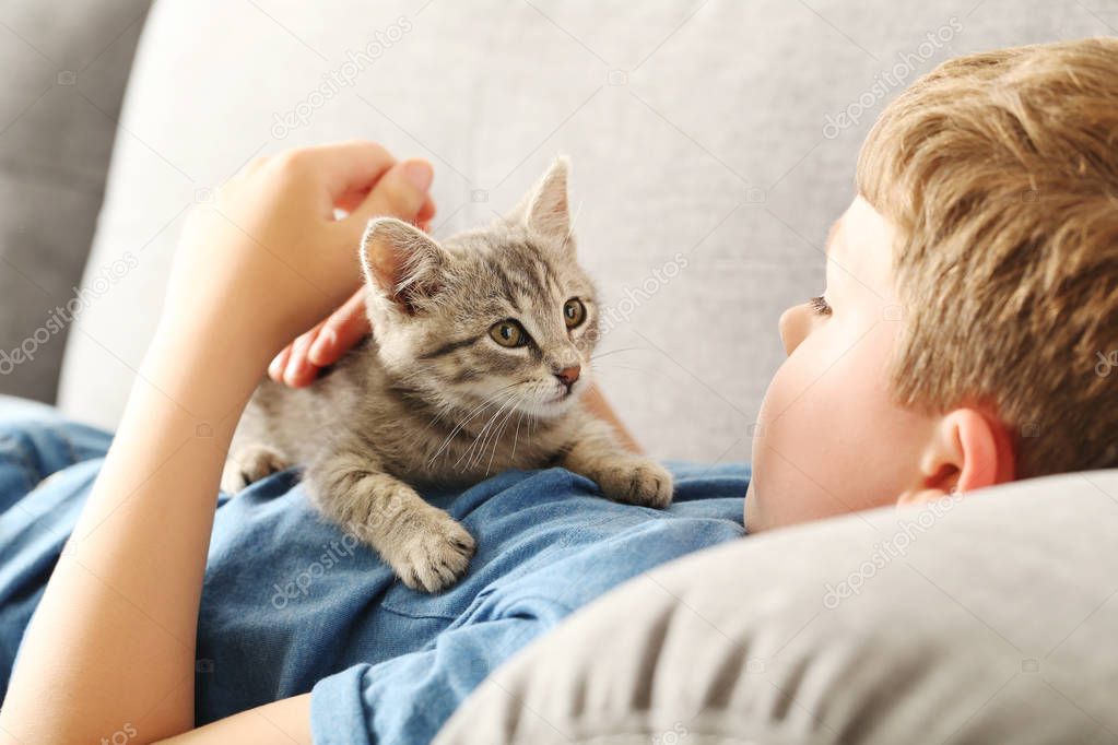 Child with kitten on  at home