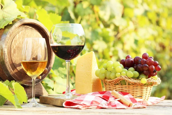 Vinho em copos com ramo de uva — Fotografia de Stock