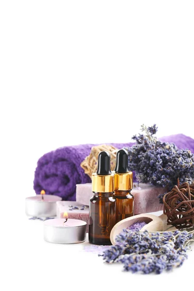 Lavender oil with soap and flowers — Stock Photo, Image