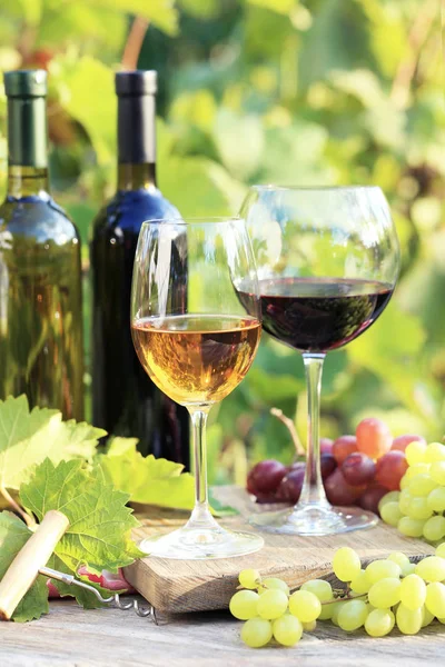 Vinho em copos com uva — Fotografia de Stock