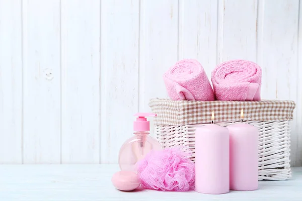 Pink towels with soap and wisp — Stock Photo, Image