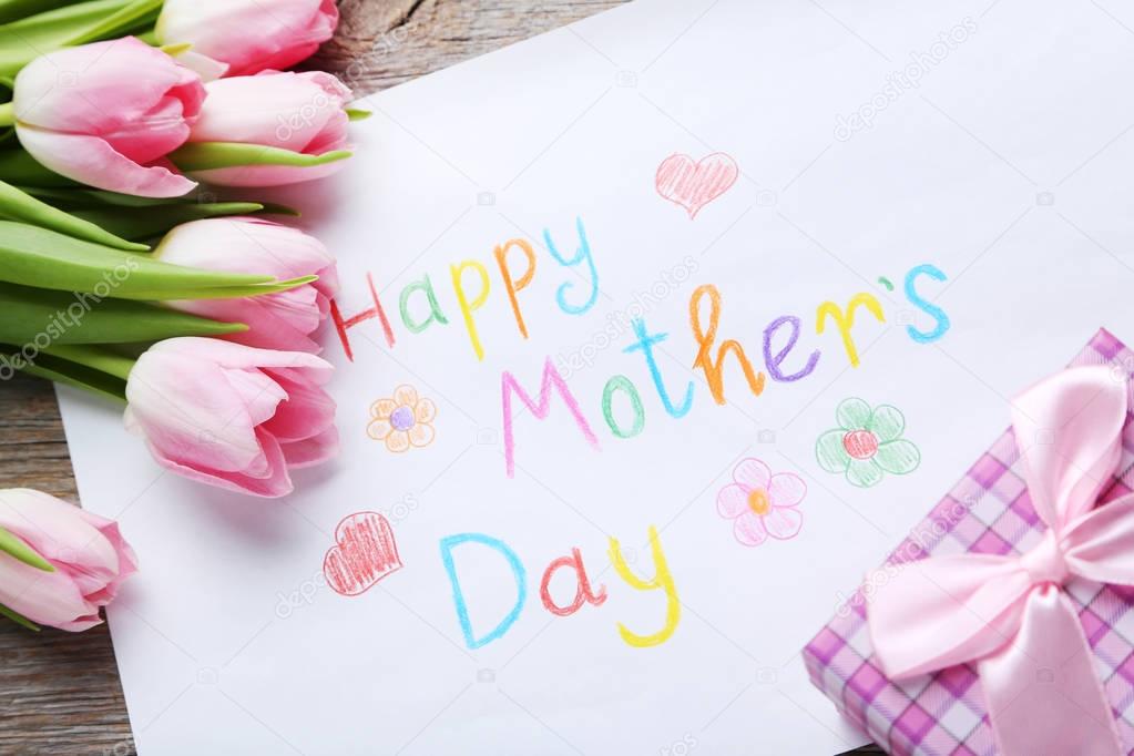 happy mothers day note with tulips  