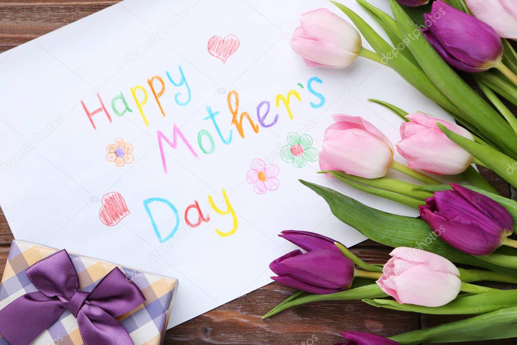 happy mothers day note with tulips  