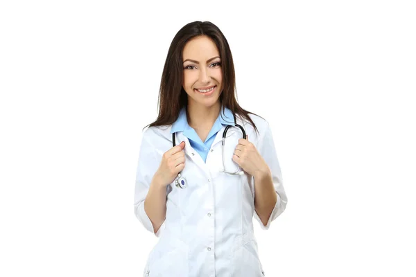Retrato de jovem médico em um fundo branco — Fotografia de Stock