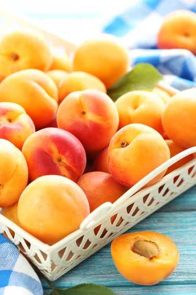 Ripe apricots fruit in white tray — Stock Photo, Image