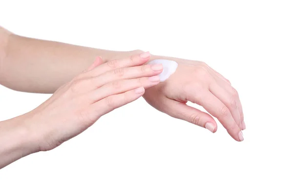 Female hands with sunscreen cream — Stock Photo, Image