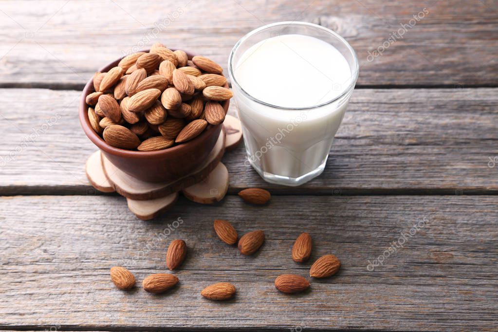 Almonds in bowl with glass of milk