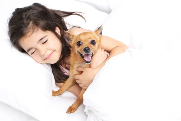 Schönes kleines Mädchen mit Hund, das im weißen Bett schläft — Stockfoto