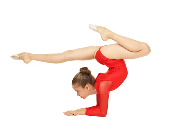 Jovem ginasta menina no fundo branco — Fotografia de Stock