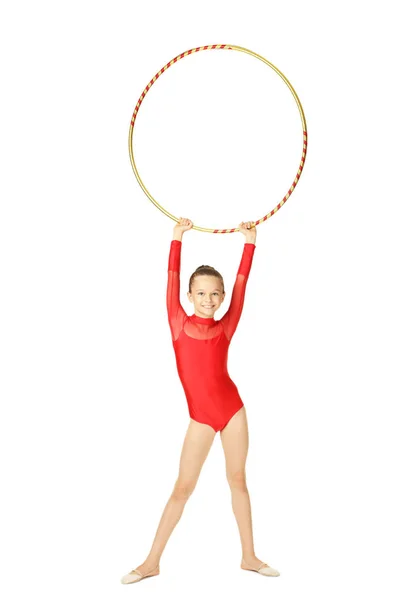 Jovem ginasta menina com aro no fundo branco — Fotografia de Stock