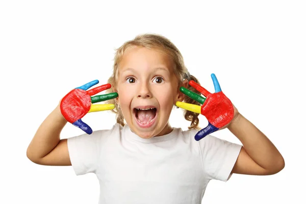 Beautiful little girl with colourful painted hands — Stock Photo, Image