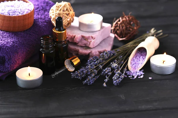 Lavender oil with soap and flowers — Stock Photo, Image