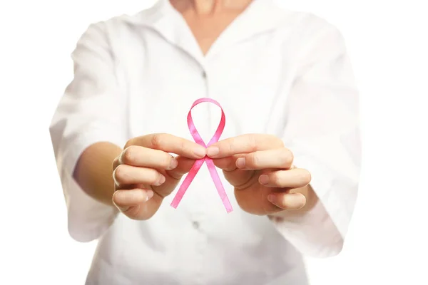 Doctor holding pink ribbon — Stock Photo, Image