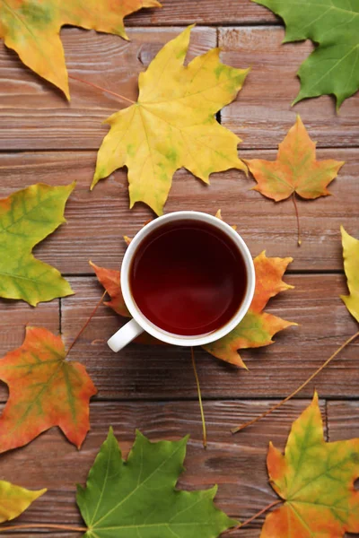 Tahta masada sonbahar yaprakları 