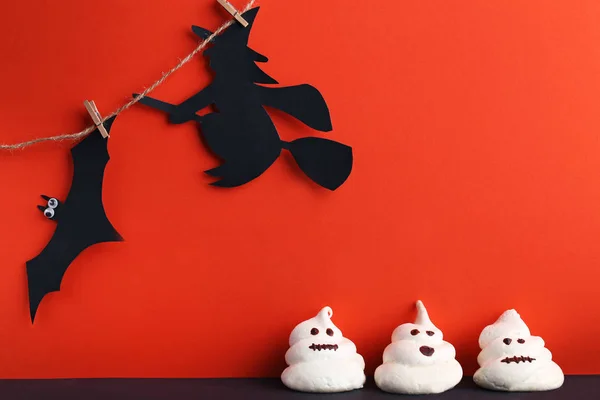 Halloween meringue with bat and witch — Stock Photo, Image