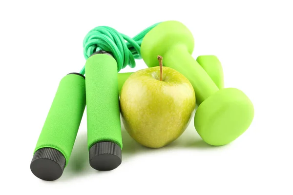 Зелене Яблуко Пропускаюча Мотузка Гантелі Ізольовані Білому — стокове фото