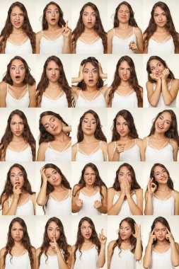 Güzel genç kadının beyaz zemin üzerine kolaj