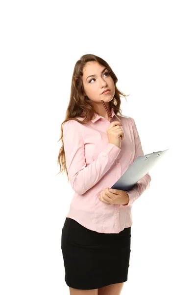 Portrait of young woman with clipboard on white background — Stock Photo, Image