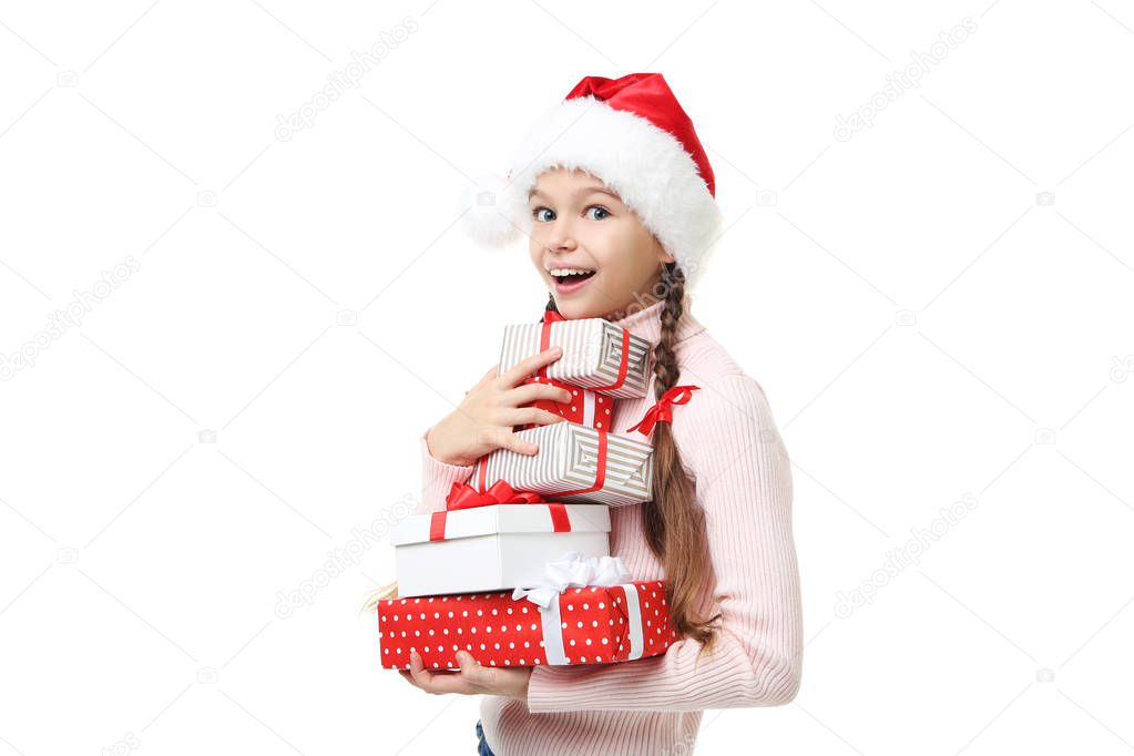 Young beautiful girl holding in hands gift boxes