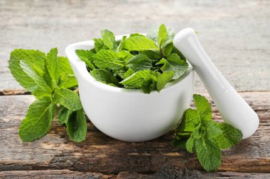 Taze nane yaprakları harç içinde