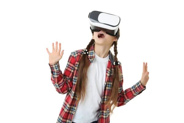 Девушка Очках Виртуальной Реальности Белом Фоне — стоковое фото