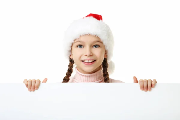 Young Girl Santa Hat Holding Sheet Blank Paper White Background — Stock Photo, Image