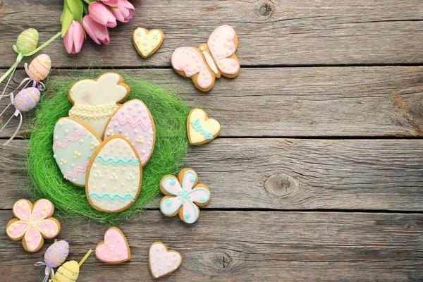 Easter Cookies Nest Grey Wooden Table — Stock Photo, Image