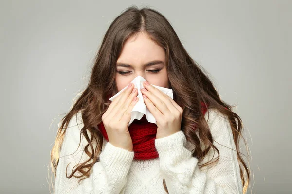 Sick Young Girl Handkerchief Grey Background — Stock Photo, Image