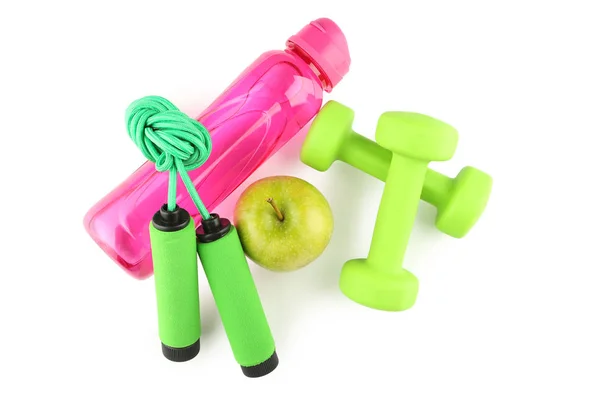 Рожева Пляшка Води Зелене Яблуко Гантелі Мотузка Ізольовані Білому — стокове фото