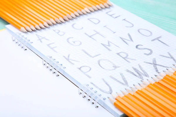 Handwritten Alphabet Notebook Pencils — Stock Photo, Image