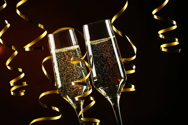 Champagne Glasses Ribbon Black Background — Stock Photo, Image