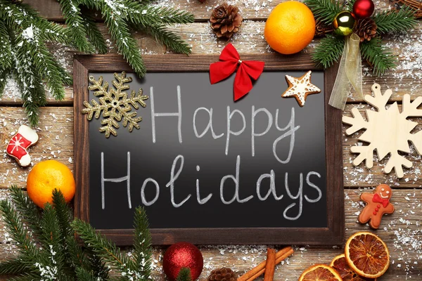 Iscrizione Happy Holiday Cornice Legno Con Decorazioni Natalizie — Foto Stock