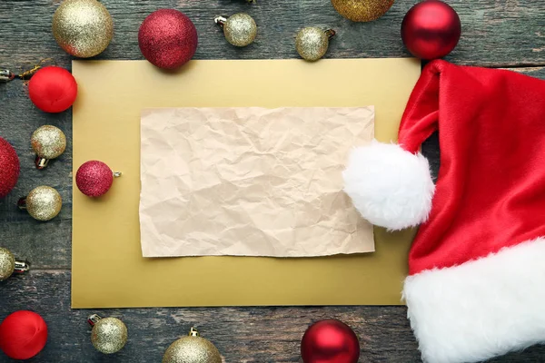 Blank Sheet Paper Santa Hat Christmas Baubles — Stock Photo, Image