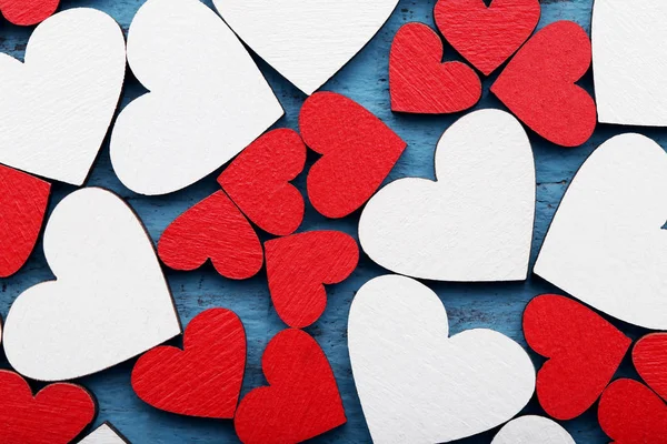 Red White Wooden Hearts Blue Table — Stock Photo, Image