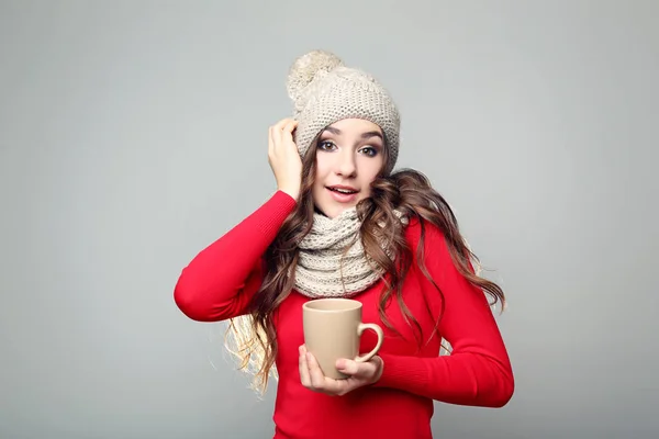 Beautiful Young Girl Hat Scarf Holding Cup Tea — Stock Photo, Image