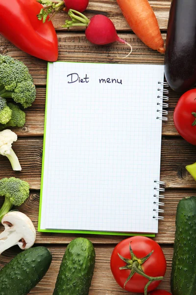 Blank Diet Menu Paper Vegetables Wooden Table — Stock Photo, Image