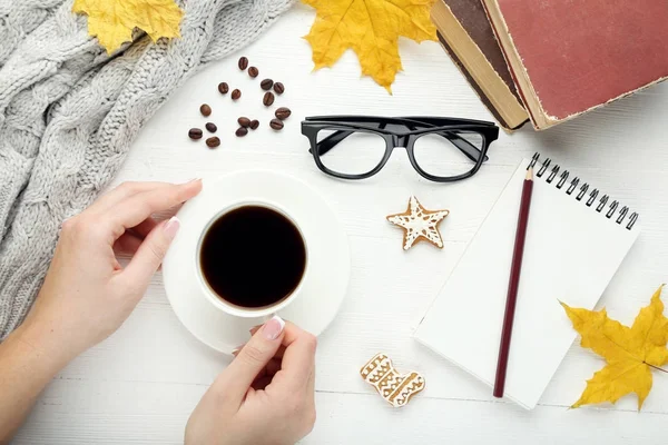 Female Hands Holding Cup Coffee Gingerbread Cookies Notebook Glasses — Stock Photo, Image