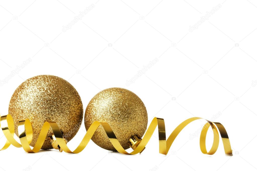 Christmas baubles with ribbon isolated on white