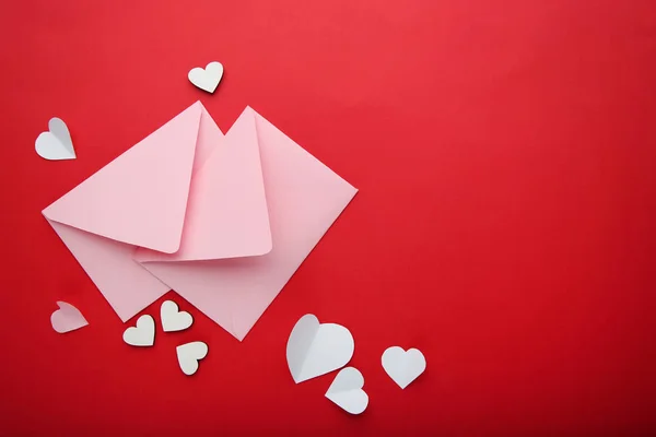 White Hearts Pink Envelopes Red Background — Stock Photo, Image
