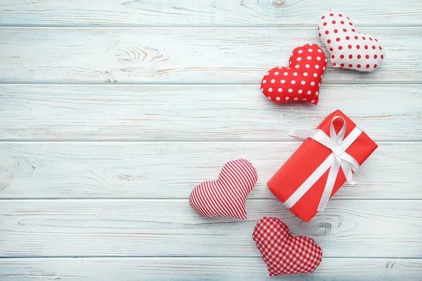 Gift Box Fabric Hearts White Wooden Table — Stock Photo, Image