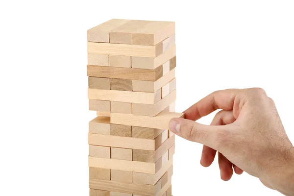 Mão Masculina Jogando Blocos Madeira Torre Jogo Jenga Fundo Branco — Fotografia de Stock