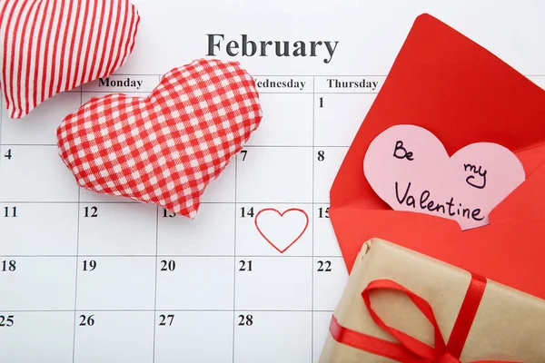 Fabric Hearts Envelope Gift Box February Calendar — Stock Photo, Image