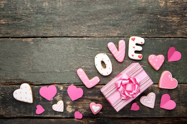 Inscription Love Homemade Cookies Gift Box Wooden Table — Stock Photo, Image