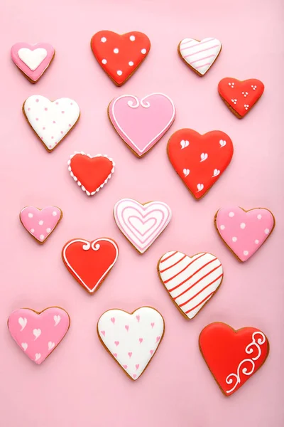 Galletas San Valentín Caseras Sobre Fondo Rosa —  Fotos de Stock