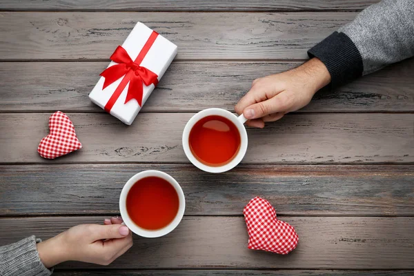 Female Male Hand Holding Cups Tea Gift Box Red Hearts — Stock Photo, Image
