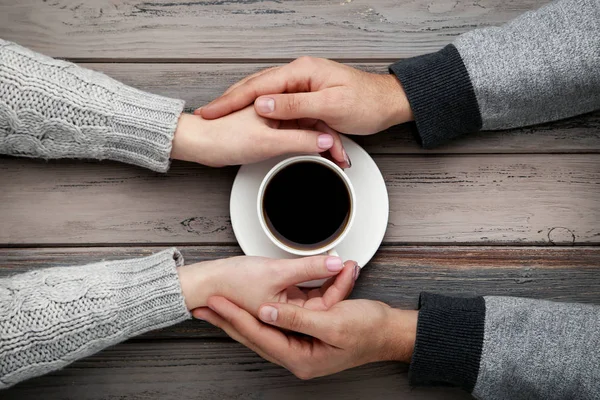 Female Male Hand Holding Each Other Cup Coffee — Stock Photo, Image