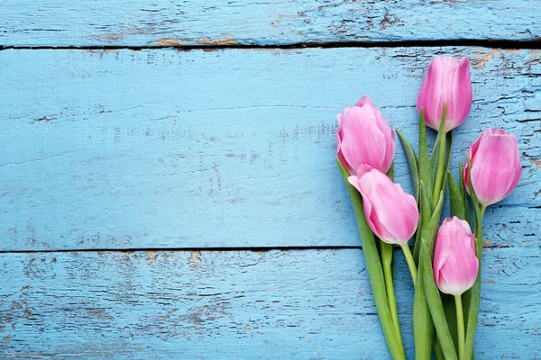 Bouquet Pink Tulips Blue Wooden Table — Stock Photo, Image