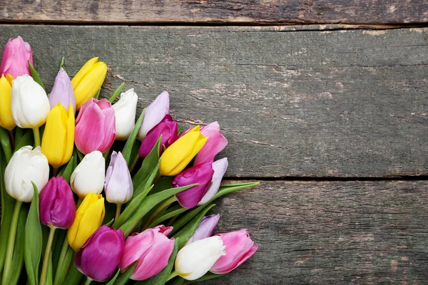 Bouquet Tulips Grey Wooden Table — Stock Photo, Image