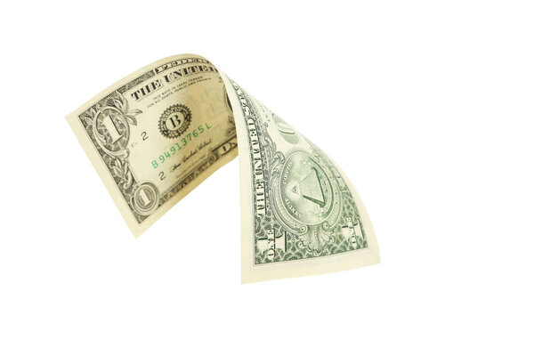 Одна долларовая купюра падает на белом фоне
