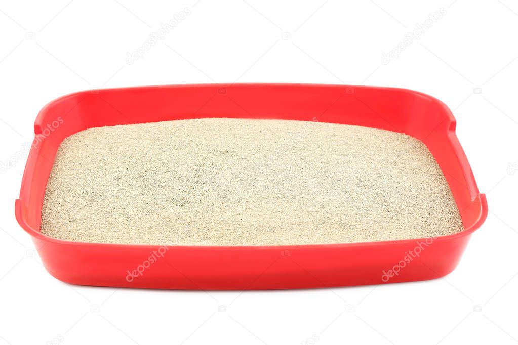 Red toilet tray with sand isolated on white